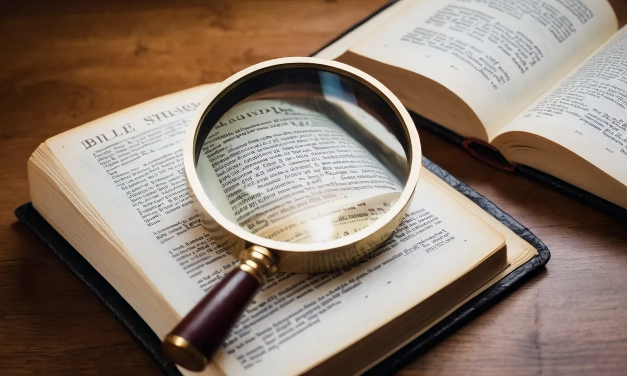 A photo capturing different versions of the Bible spread open on a table, with a magnifying glass hovering over a verse, symbolizing the search for accuracy in biblical translations.