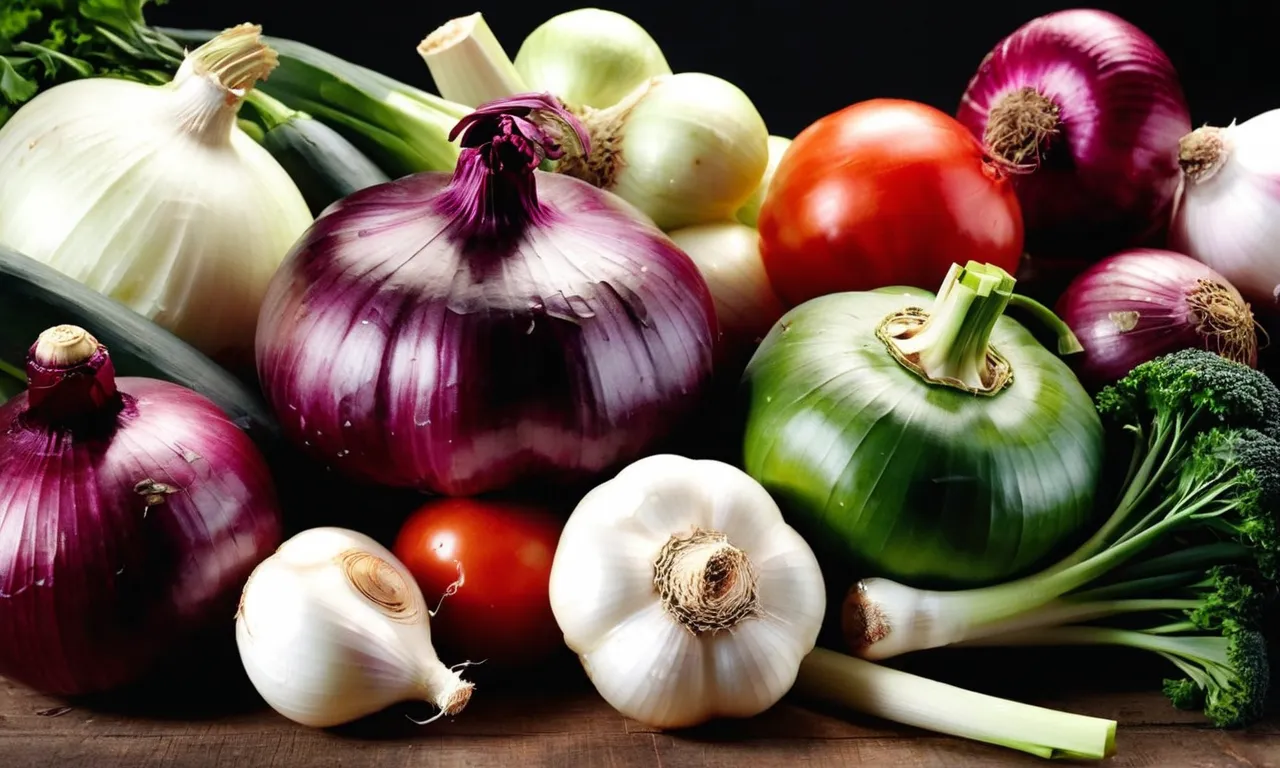 A close-up photograph captures a vibrant assortment of vegetables - onions, garlic, leeks, and more - symbolizing the forbidden produce mentioned in the biblical text.