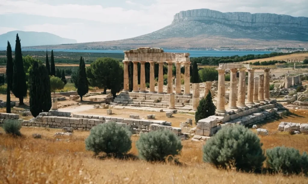 In the photo, ancient ruins of Corinth stand tall against a picturesque backdrop. The remnants serve as a silent witness to the bustling city's significance during biblical times.
