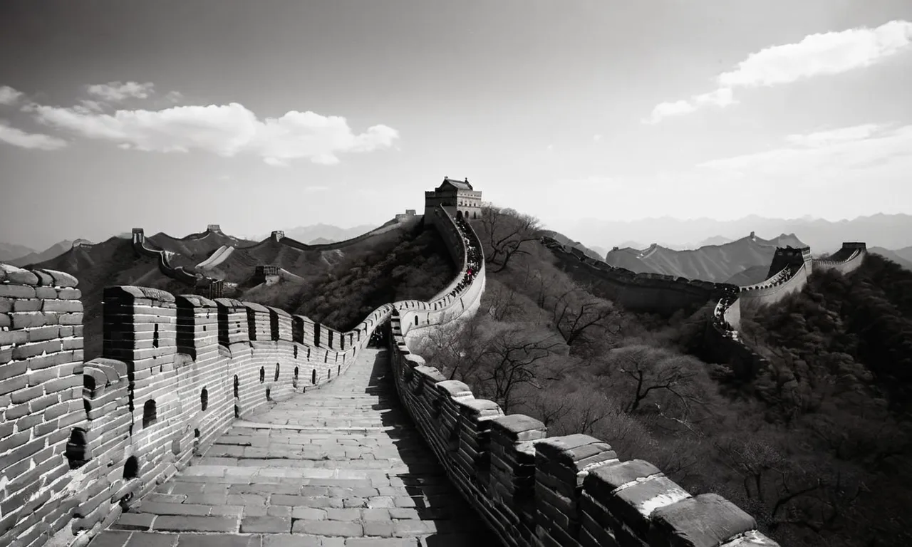 A black and white photo showcasing the Great Wall of China, standing tall and majestic, symbolizing the rich history and cultural significance of China during the time of Jesus.