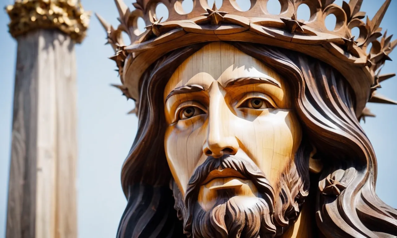 A close-up photo revealing intricate details of a thorny crown, crafted with compassion, worn by a life-sized wooden sculpture of Jesus, evoking contemplation and reverence.