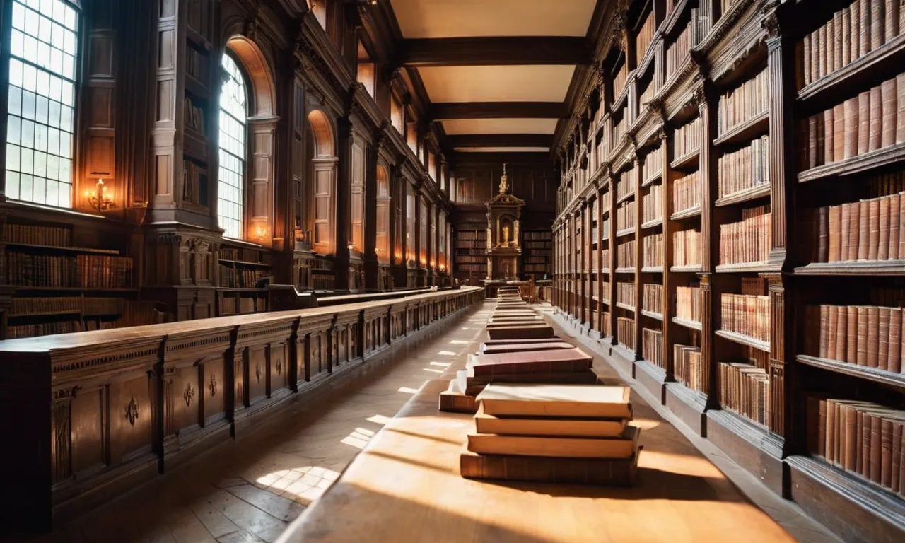 The photo captures a serene, ancient library filled with dusty tomes, as a beam of light highlights a single book titled "The Intellectual Brilliance of Jesus" amidst the scholarly surroundings.