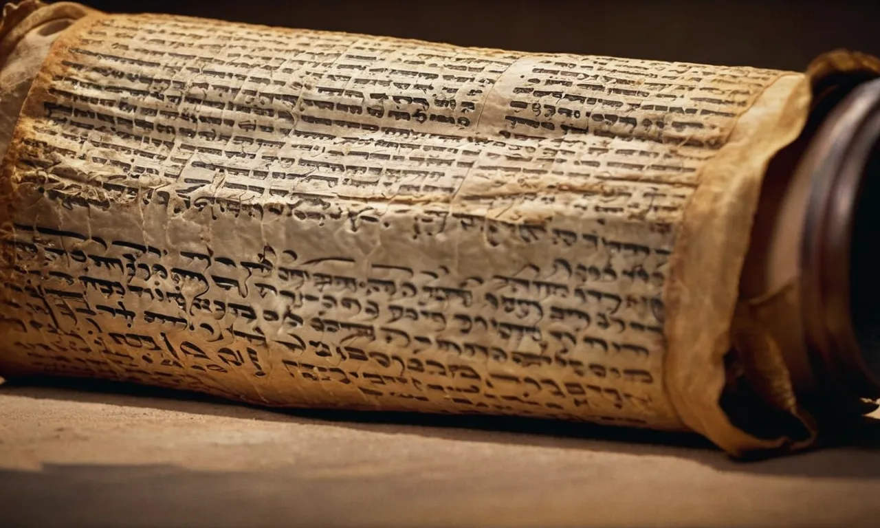 A close-up shot capturing a worn-out ancient scroll, revealing faded Aramaic text, hinting at the profound mystery of Jesus' true name in his native language.