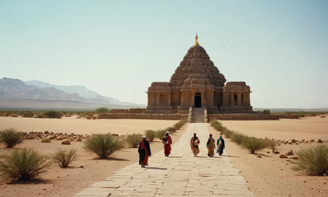 A photo capturing the vast desert landscape, with a small group of people dressed in traditional garments, walking towards an ancient stone temple in the distance, evoking the essence of life in Jesus' time.