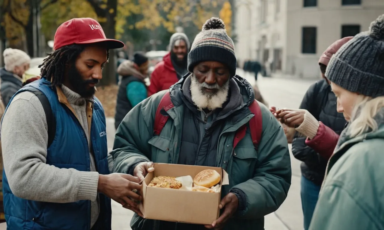 A photo capturing a group of people engaged in volunteer work, comforting the homeless, and providing food, symbolizing practical Christianity in action.