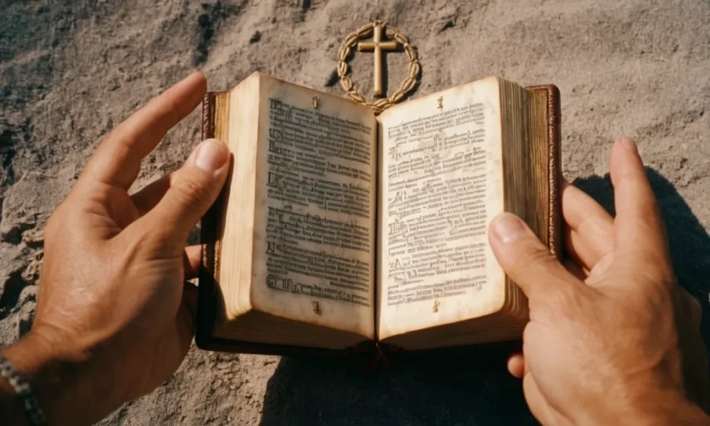 A photograph capturing a pair of hands, one gently holding an open Bible, while the other hand reaches out to touch a stone tablet engraved with the Ten Commandments.