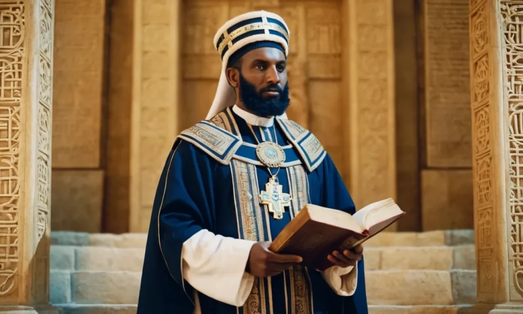 A photo showcasing a Levite priest dressed in traditional garments, holding sacred scriptures, symbolizing their role as intermediaries between God and the Israelites in the Bible.