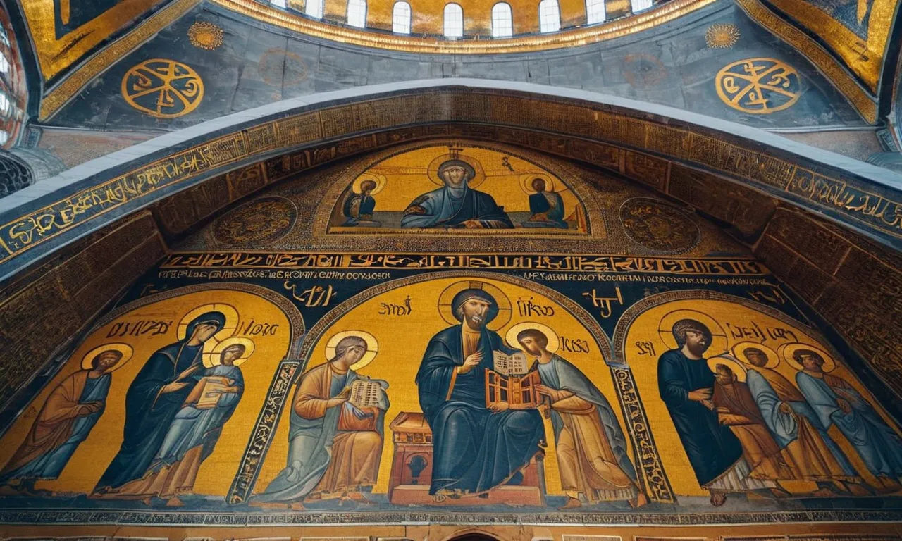 A photo capturing the intricate mosaics of Hagia Sophia, showcasing the Byzantine Empire's cultural contributions through their mastery of art, architecture, and religious iconography.