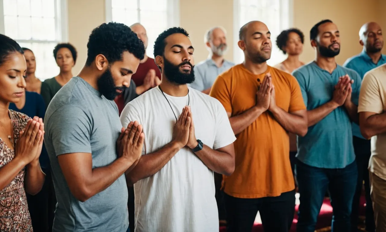 A photo that captures a serene moment of a person in prayer, surrounded by diverse individuals, symbolizing the inclusive and compassionate message of the "What Would Jesus Do" website.