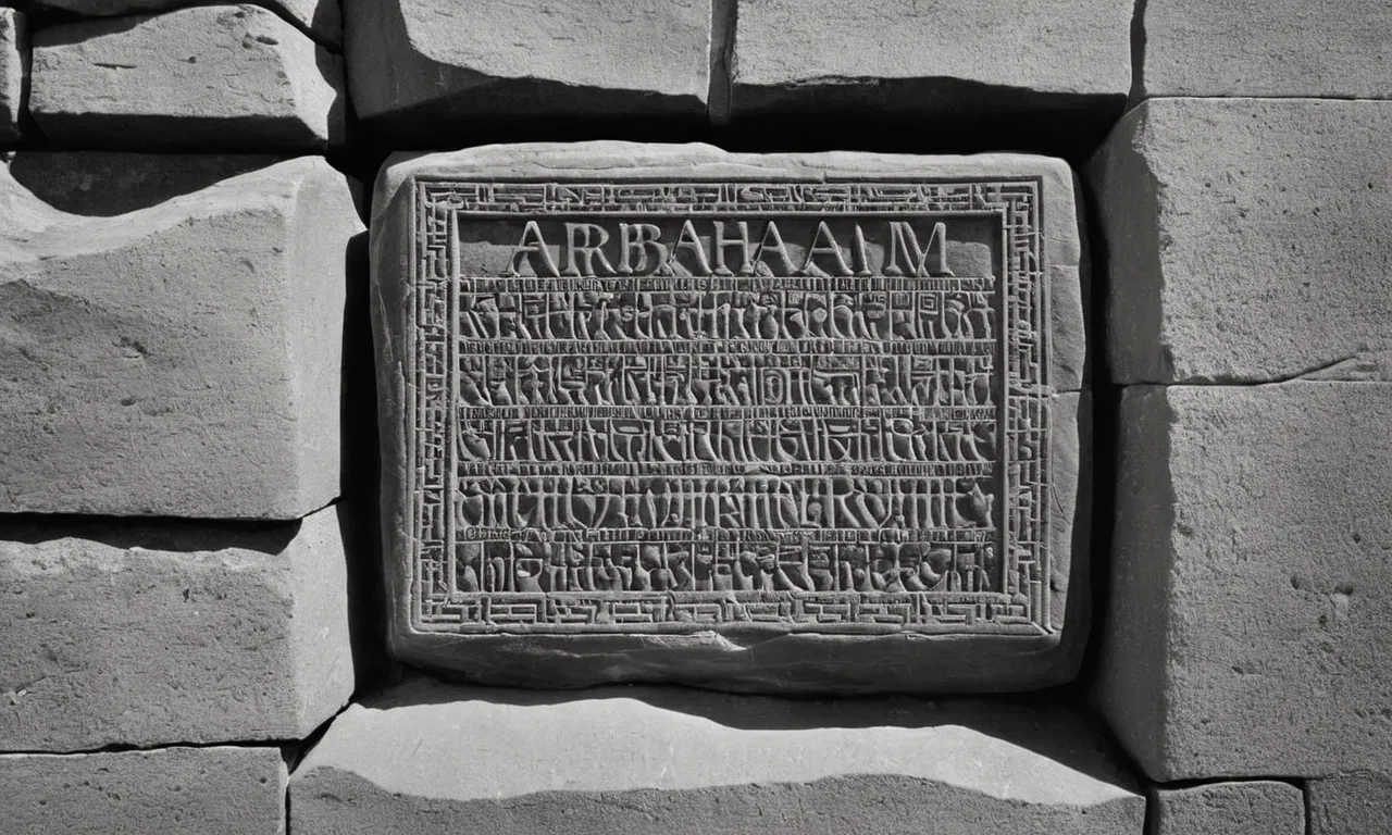 A black and white photo capturing an ancient sandstone tablet inscribed with the name "Abraham," evoking curiosity about his existence and the time he lived.