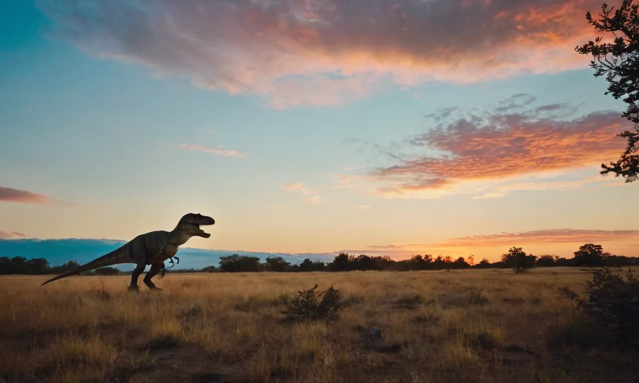 A majestic landscape captured at dawn, with a silhouette of a T-Rex against a vibrant sky, evoking curiosity about the timeline of dinosaur existence as pondered by creationists.