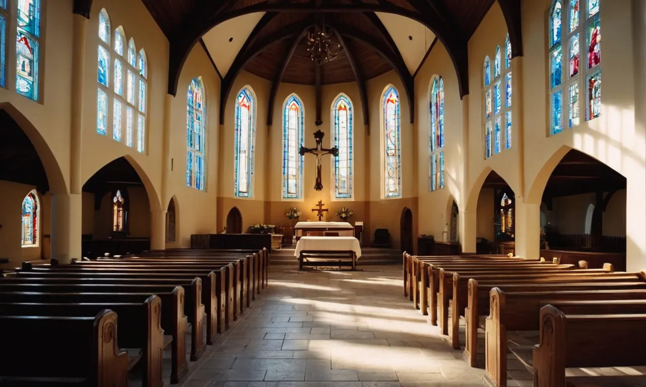 A photo capturing the serenity of a deserted church, where sunlight streams through stained glass, evoking the timeless question: "When did Jesus become the Son of God?"