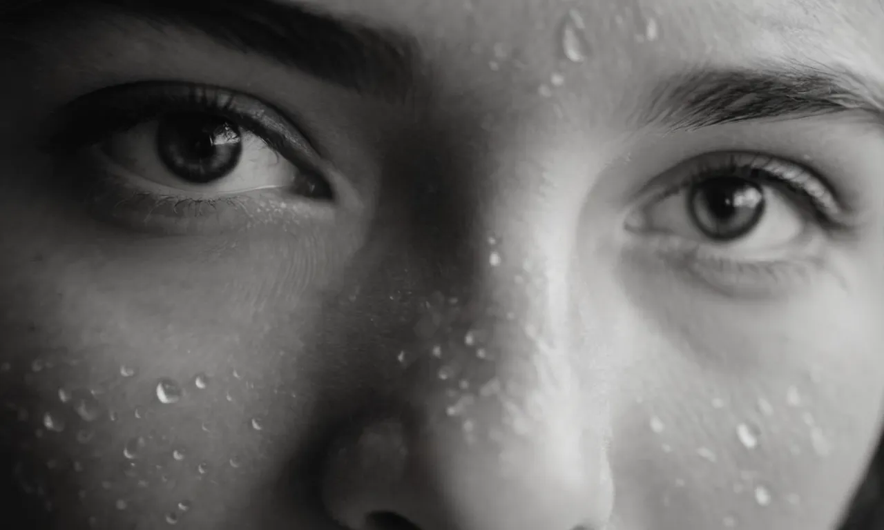 A close-up black and white portrait of a person with tear-filled eyes, capturing their vulnerability and searching expression, questioning when God will finally abandon them.