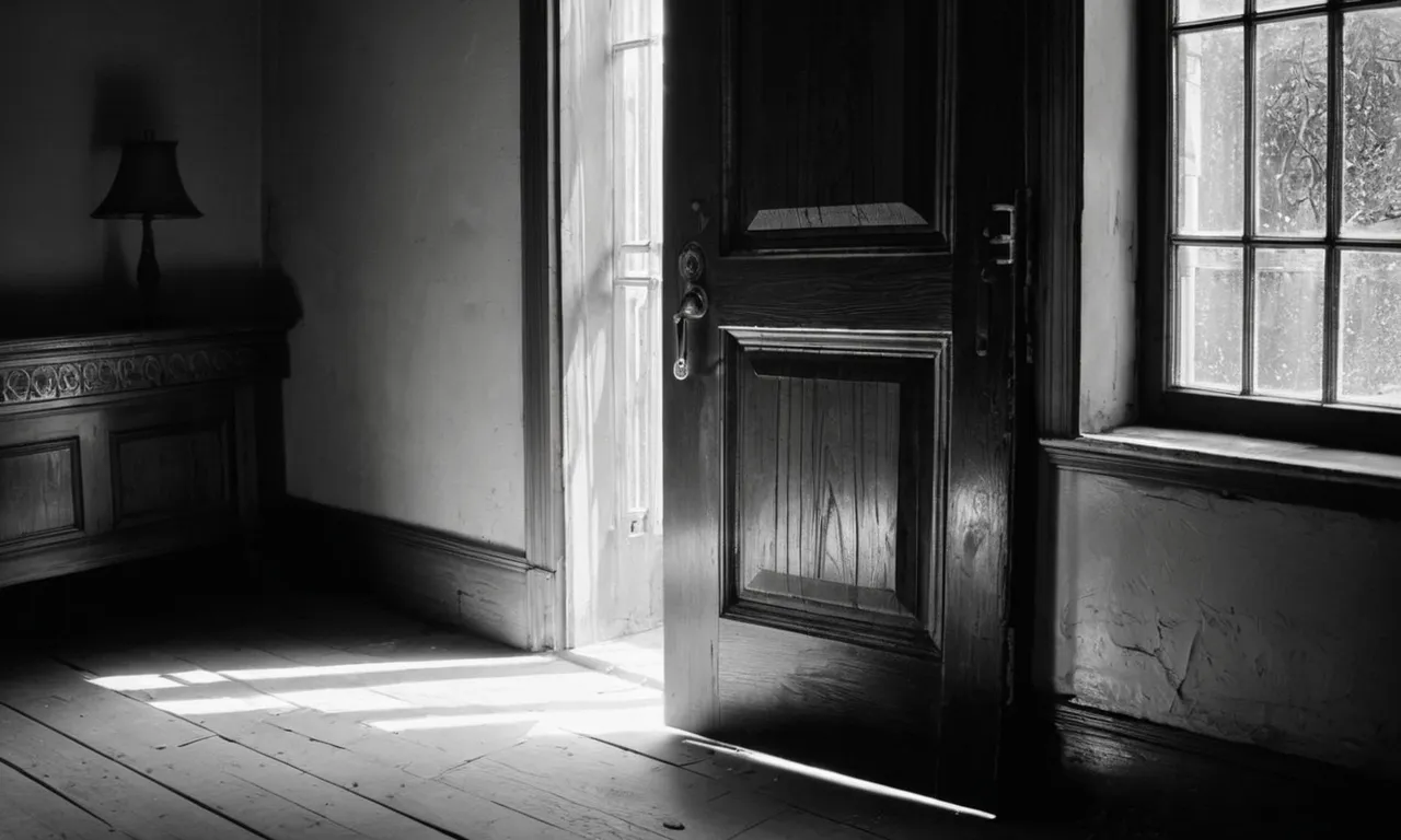 A black and white image captures a closed wooden door with a worn-out handle, surrounded by rays of sunlight peeking through the cracks, symbolizing hope and new beginnings.