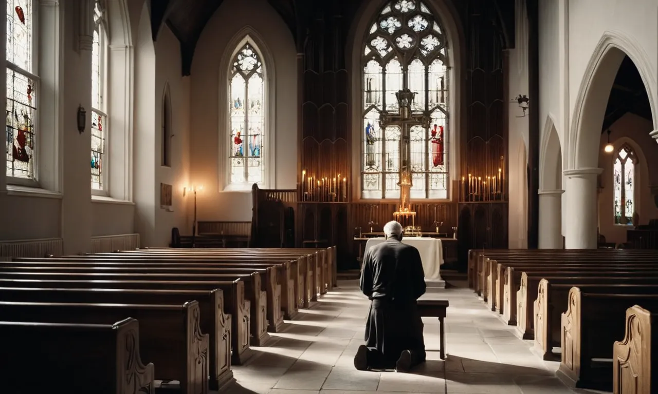 A black and white photo capturing a solitary figure kneeling in a dimly lit church, bathed in a soft ray of light streaming through a stained glass window, symbolizing a profound moment of spiritual awakening.