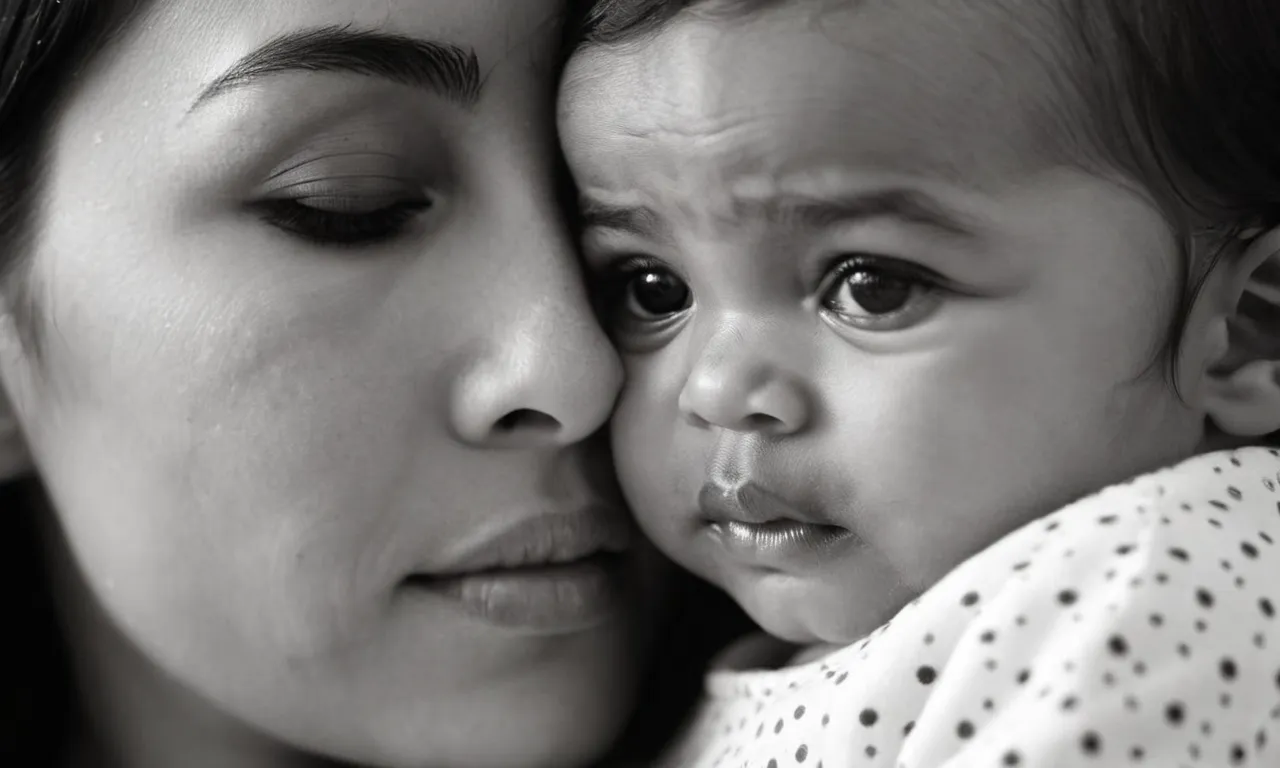 A black and white portrait of a mother holding her newborn baby, their eyes locked in a tender gaze, capturing the unconditional love and bond between a mother and child.