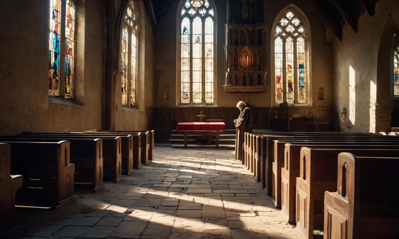 A lone figure kneels in an ancient, dilapidated church, their hands clasped and eyes closed, as rays of sunlight pass through broken stained glass, illuminating their face.