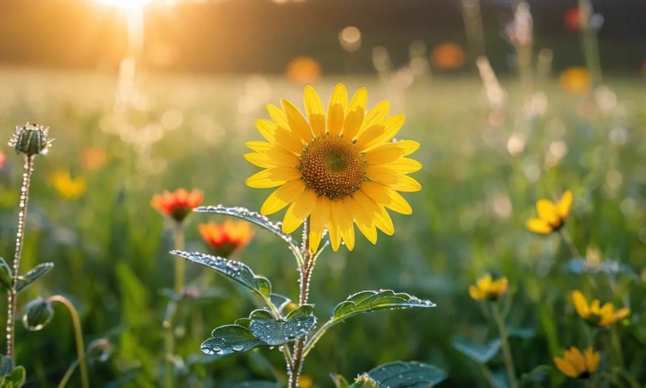 A vibrant sunrise illuminates a dew-kissed meadow, symbolizing hope and renewal. A single flower emerges, resilient and beautiful, capturing the essence of when God gives you a new beginning.
