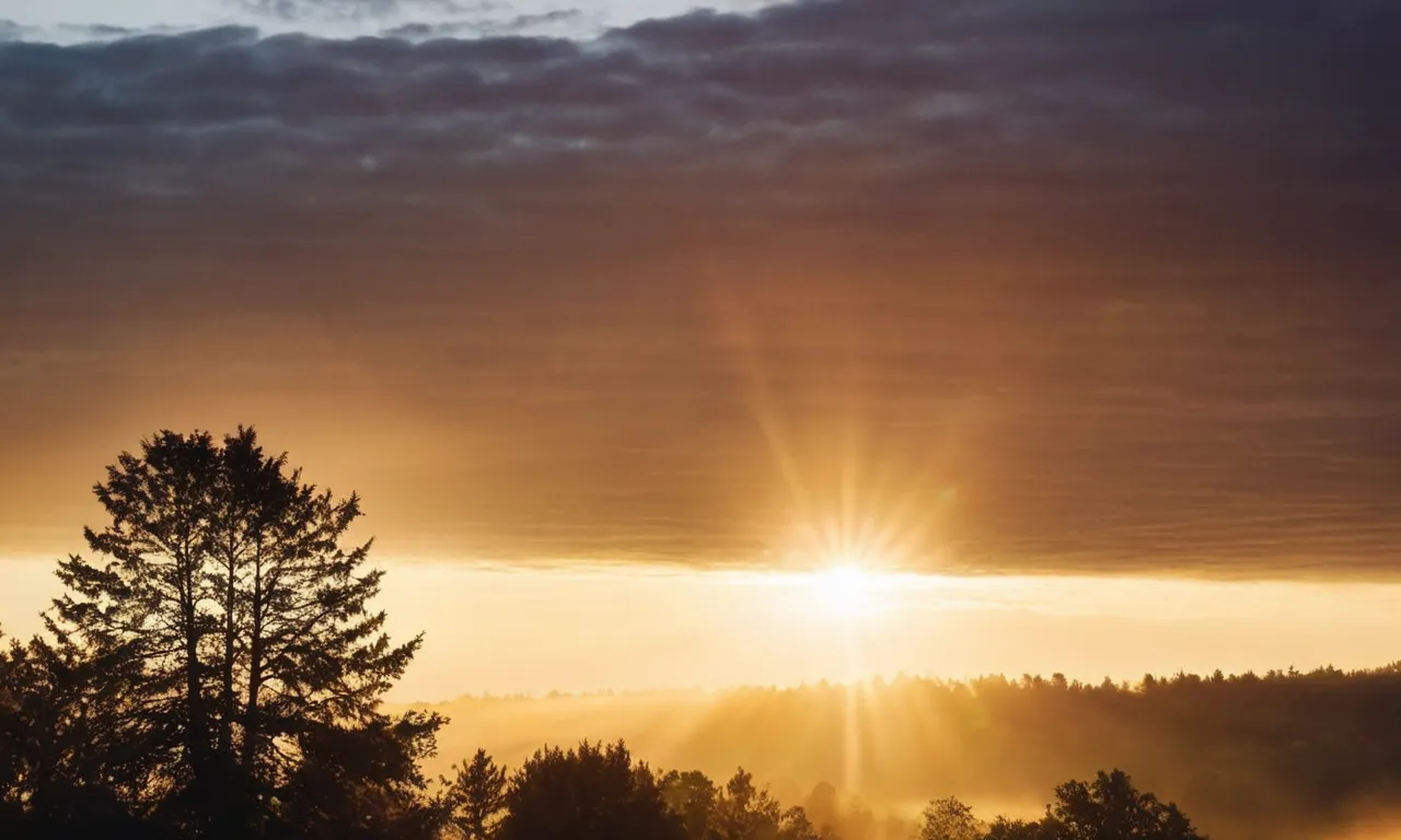 A radiant sunrise over a misty landscape, symbolizing the beginning of a new chapter in life, where divine blessings and opportunities abound.