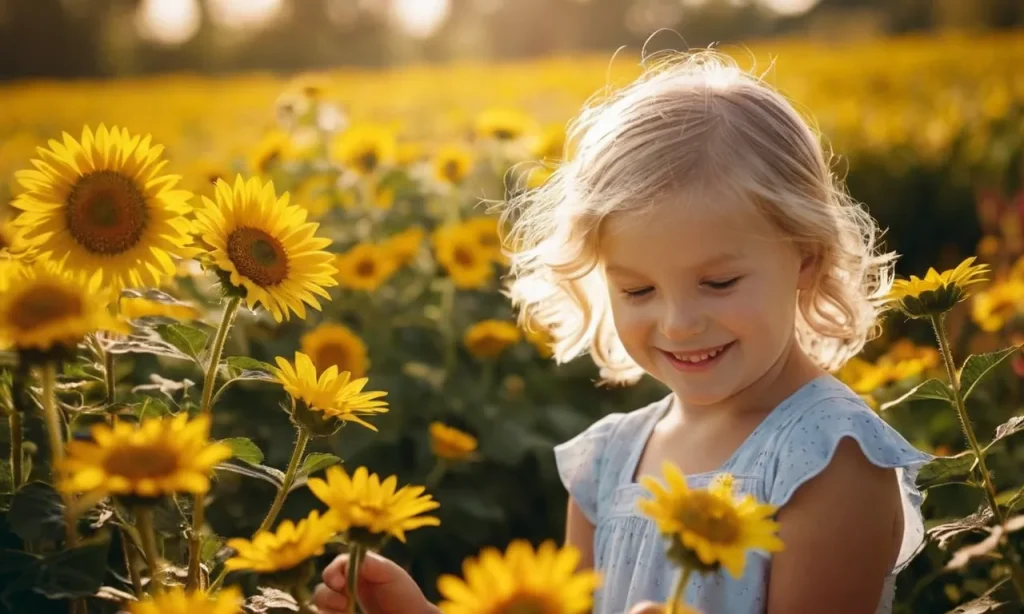 A photograph capturing a child's innocent smile, bathed in golden sunlight, surrounded by blooming flowers, symbolizing the beauty and wonder of creation depicted in the "When God Made You" book.