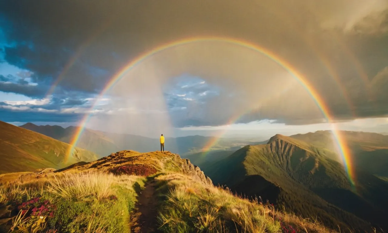 A breathtaking photo captures a person standing on a serene mountaintop, bathed in golden light, as a vibrant rainbow stretches across the sky, symbolizing the moment when God opens their spiritual eyes.