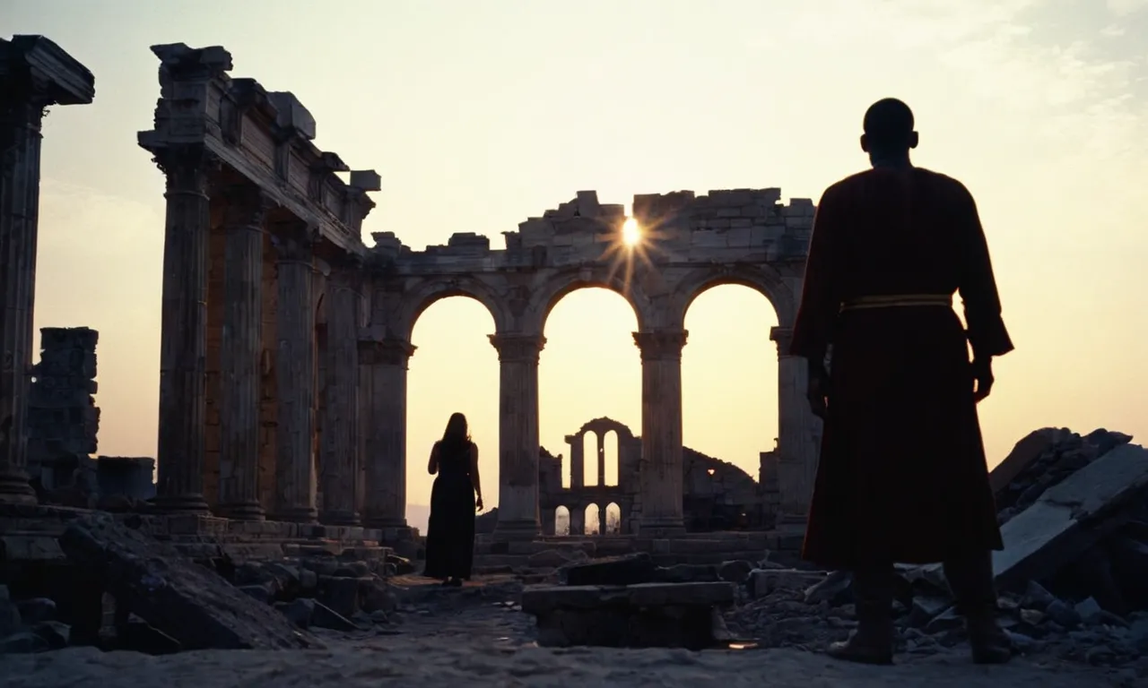 A captivating photo captures a silhouette of a person standing amidst the ruins, bathed in the warm glow of sunrise, symbolizing their transformation as God rebuilds them with strength and resilience.