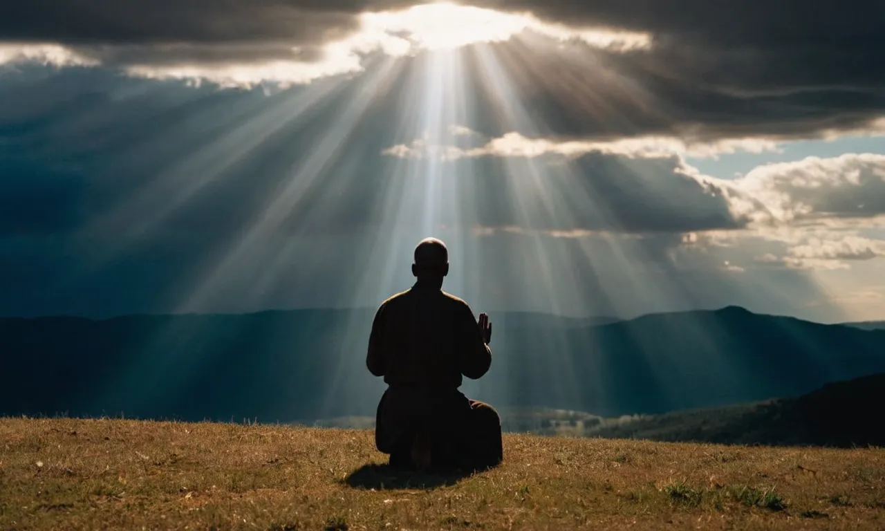 A radiant beam of sunlight pierces through dark clouds, illuminating a lone figure kneeling in prayer, capturing the moment when God unveils His divine wisdom.