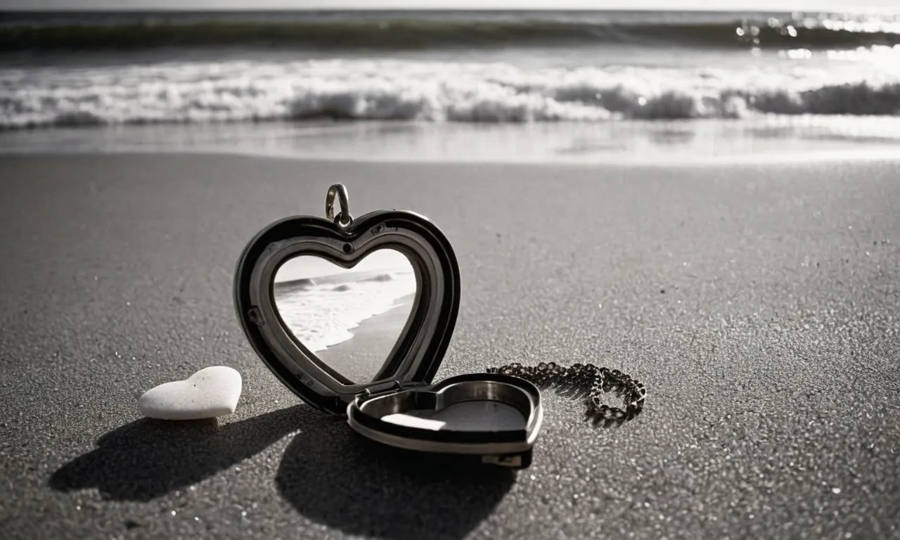 A black and white photograph captures a broken heart-shaped locket lying on a deserted beach, symbolizing the pain and emptiness felt when God denies a relationship.
