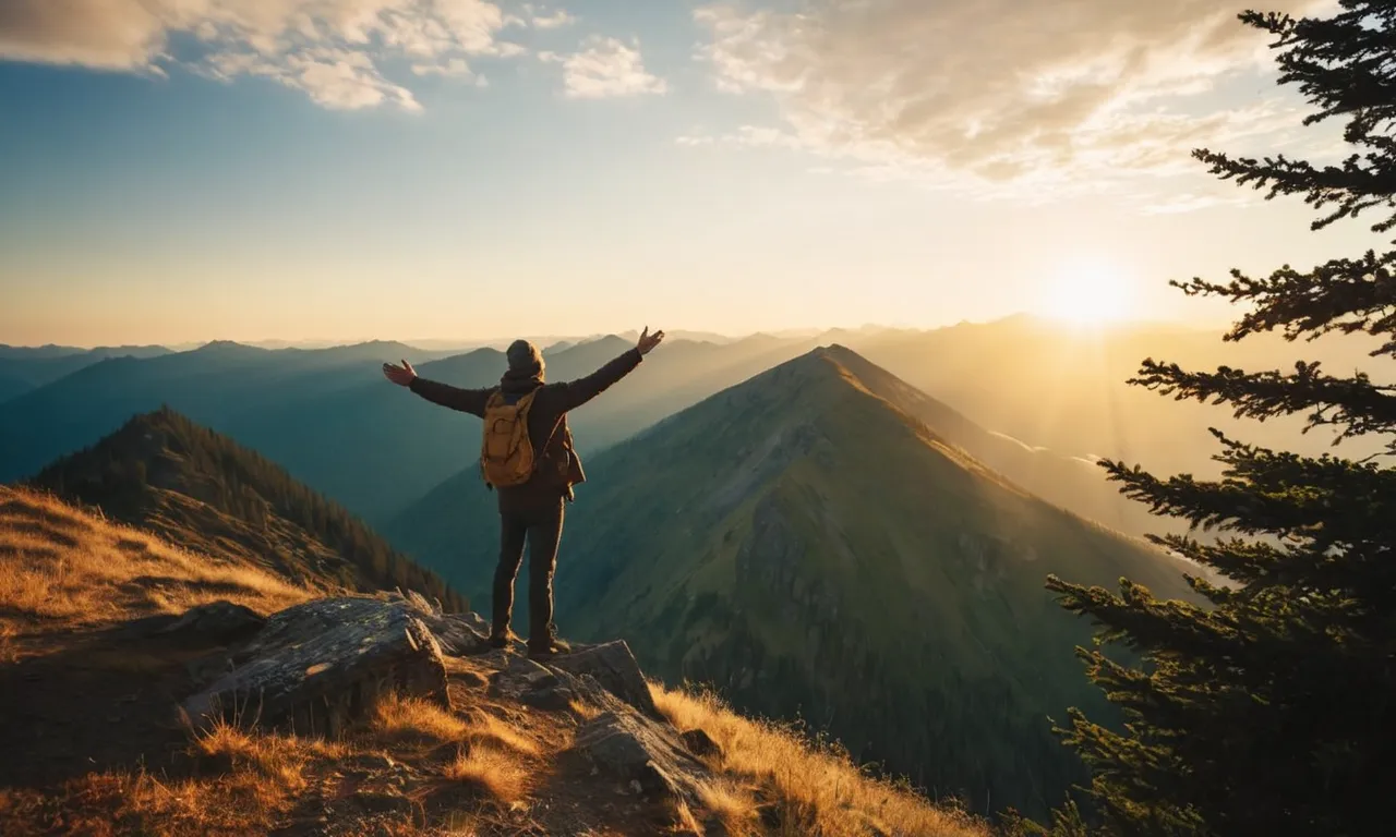 A radiant sunset illuminates a solitary figure standing on a mountaintop, arms outstretched, as rays of golden light descend from the heavens, symbolizing the moment when God says yes.