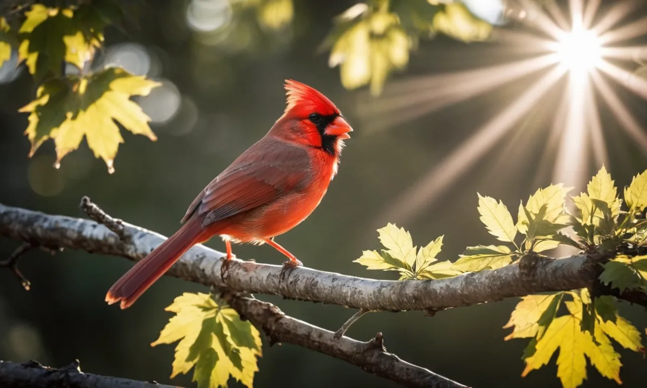 A photo of a vibrant red cardinal perched on a branch, with rays of sunlight streaming through the trees, highlighting a bible verse inscribed on a nearby rock.