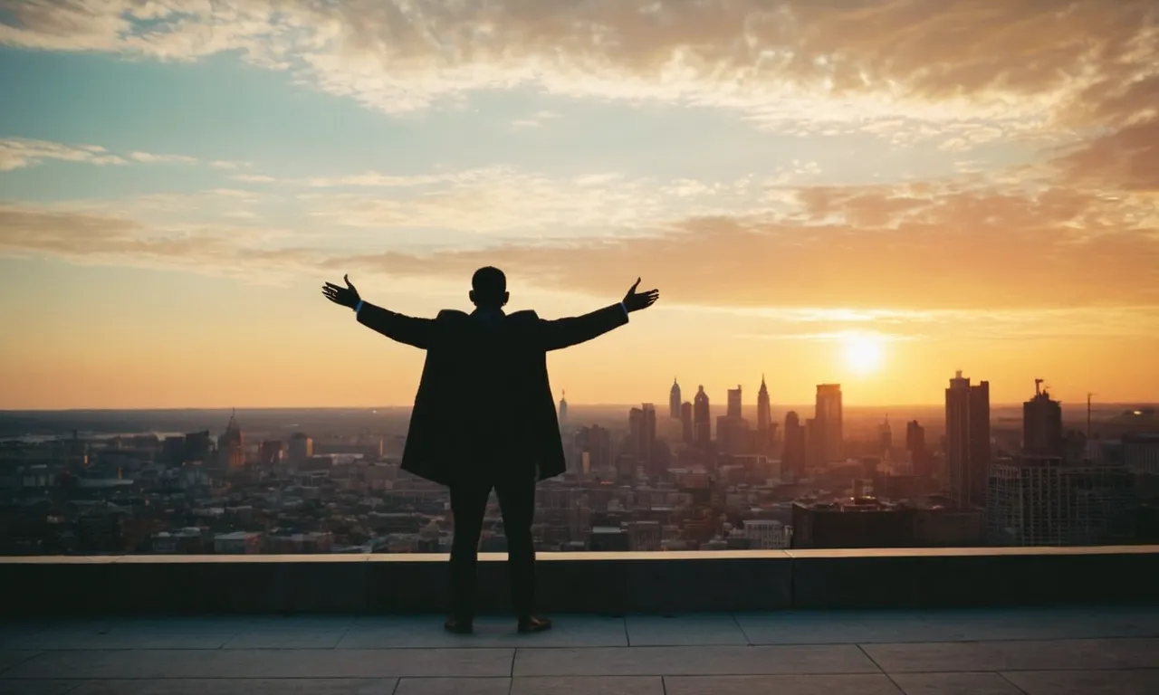 In the midst of a bustling city, a lone figure stands silhouetted against a vibrant sunset, their outstretched arms reaching towards the heavens, symbolizing divine separation from the rest of the world.