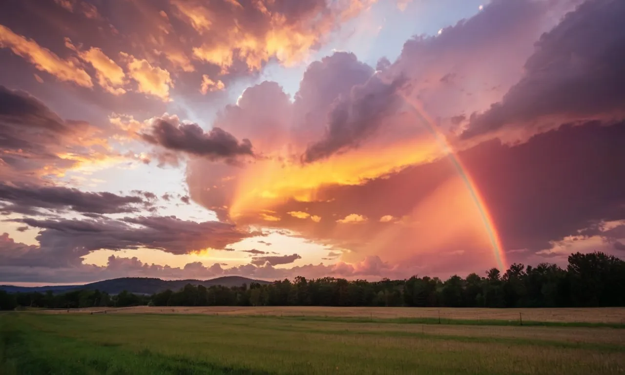 A breathtaking sunset paints the sky in vibrant hues of pink and orange, while rays of light stream through the clouds, showcasing the divine beauty and power of nature.