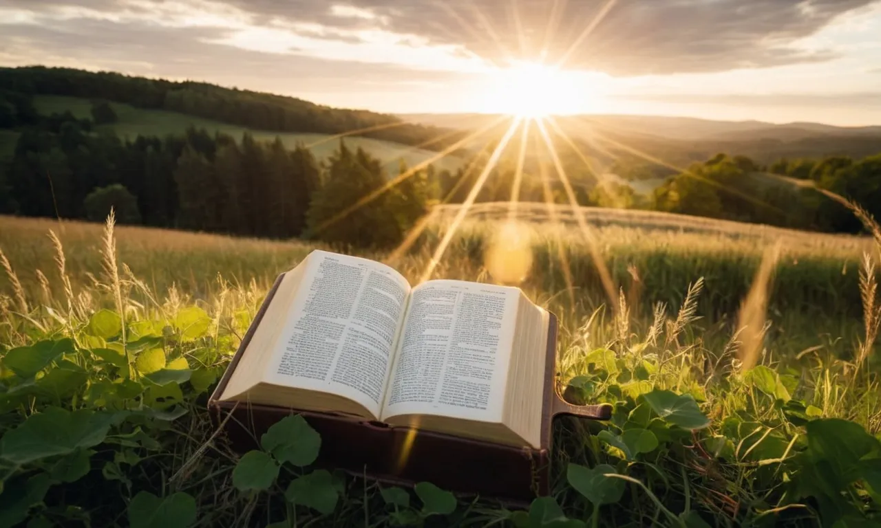 A breathtaking sunrise illuminates a serene meadow as rays of light beam through the clouds, perfectly framing a Bible opened to a verse, capturing the divine moment when God speaks.