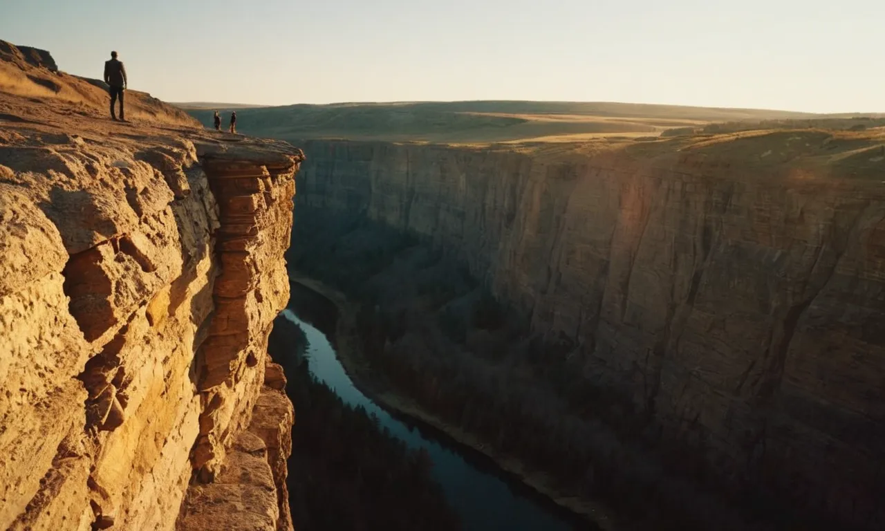 A stunning photograph captures a person standing at the edge of a cliff, bathed in golden sunlight, their face determined and full of faith, ready to leap forward into the unknown.