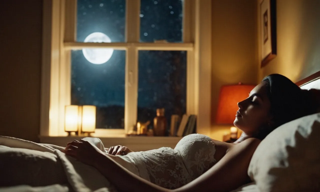 A dimly lit bedroom, bathed in soft moonlight, captures a person lying peacefully in bed, their face illuminated by a divine glow filtering through the window at 3am.