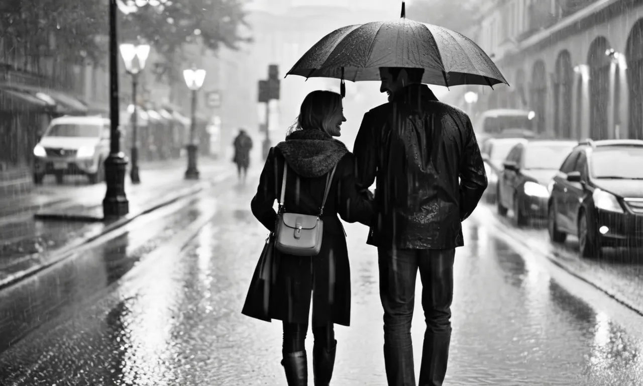A black and white photo capturing a couple standing under a pouring rain, sharing an umbrella while their smiles radiate warmth, symbolizing a divine connection and destined love.