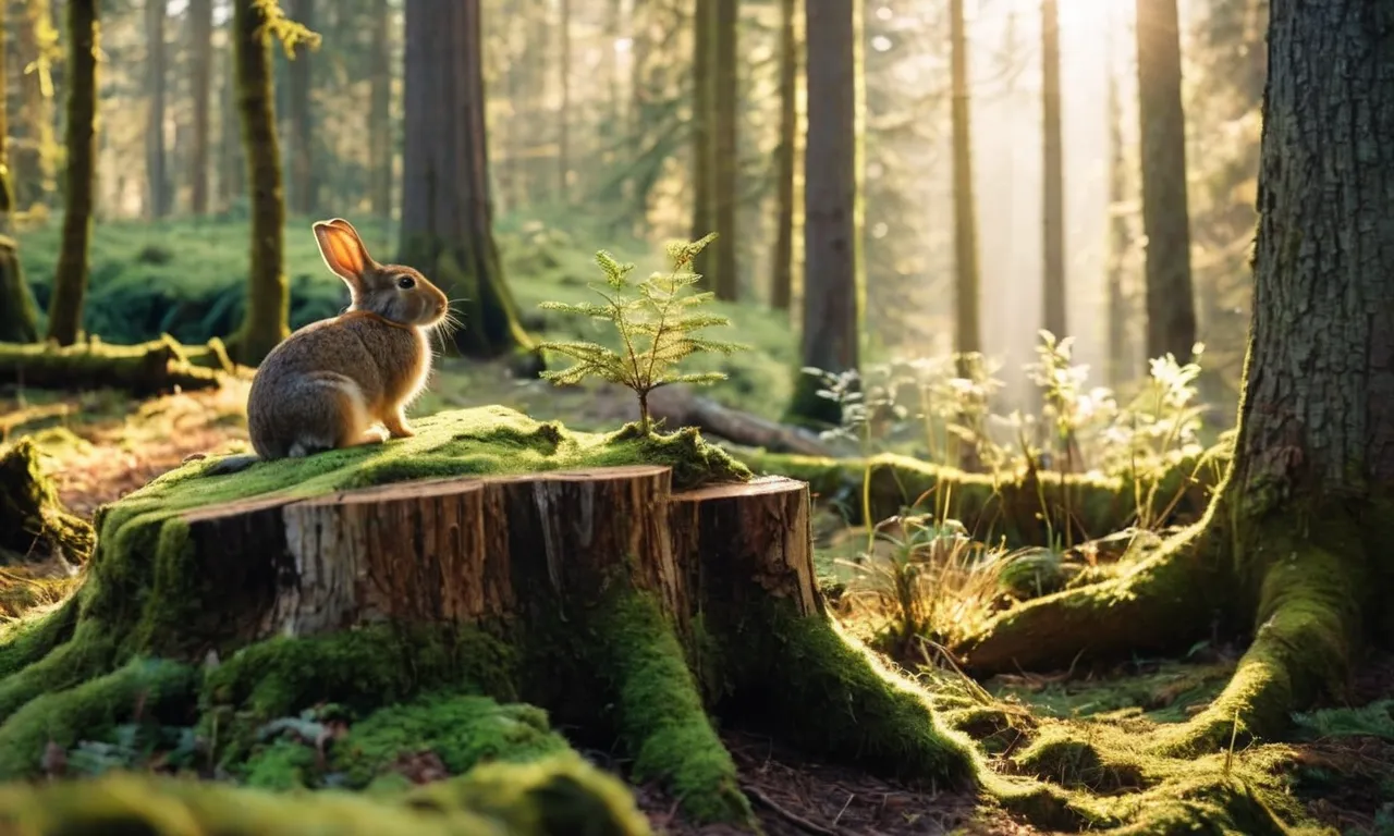 A captivating photo of a serene forest clearing, bathed in golden sunlight, where a rabbit, seemingly divine, sits majestically atop a moss-covered tree stump, emanating an aura of profound wisdom.