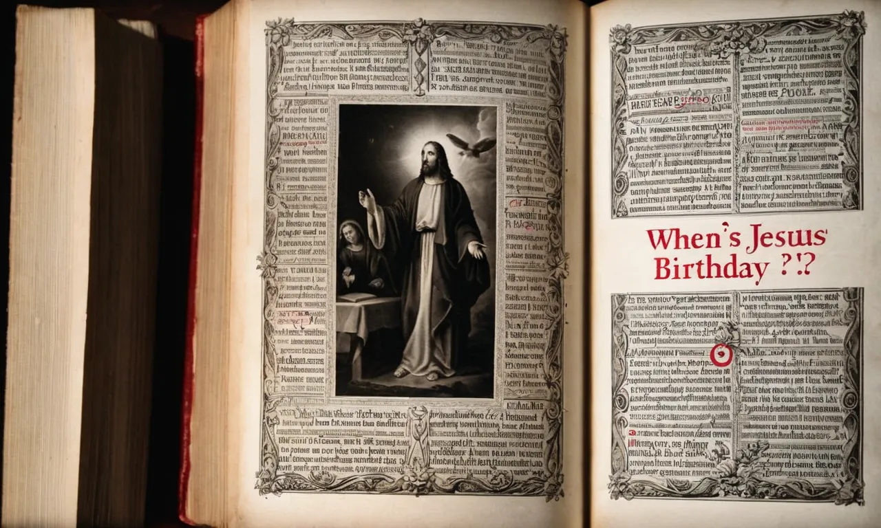 A black and white close-up photo of a worn-out Bible page, with the words "When is Jesus' birthday?" circled in red ink, capturing the curiosity and contemplation surrounding this question.