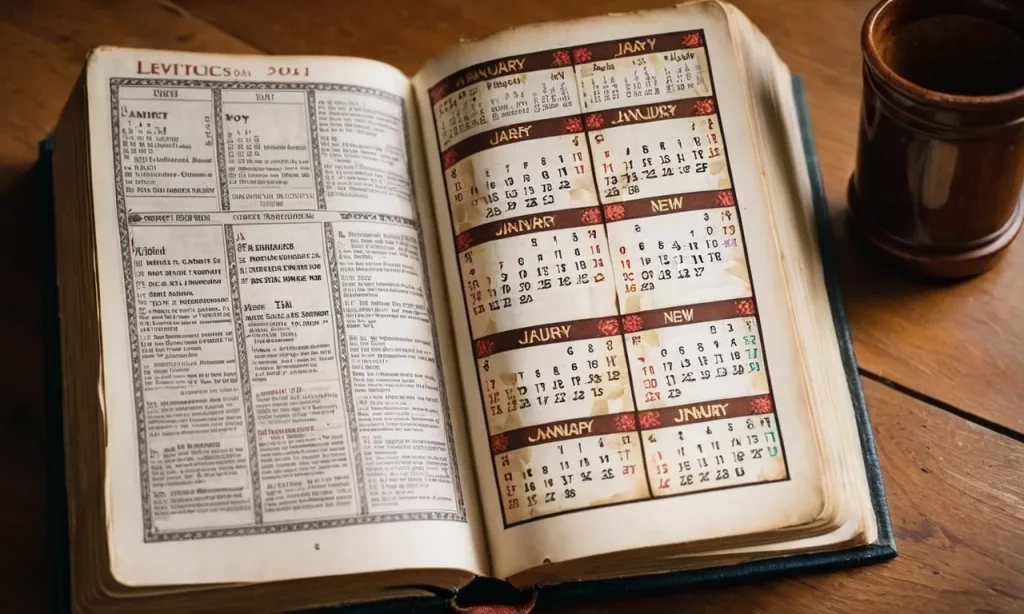 A photo of a worn-out Bible open to the book of Leviticus, with a calendar page flipped to January, symbolizing the search for the biblical New Year.