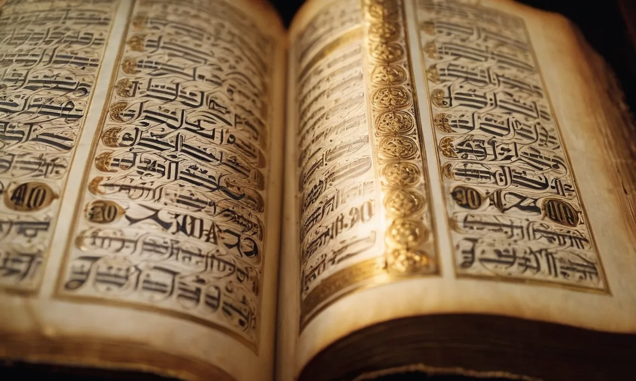 A close-up shot of an ancient, weathered page from the Bible, revealing the birthdate of Abraham, surrounded by intricate calligraphy and illuminated with soft, golden light.