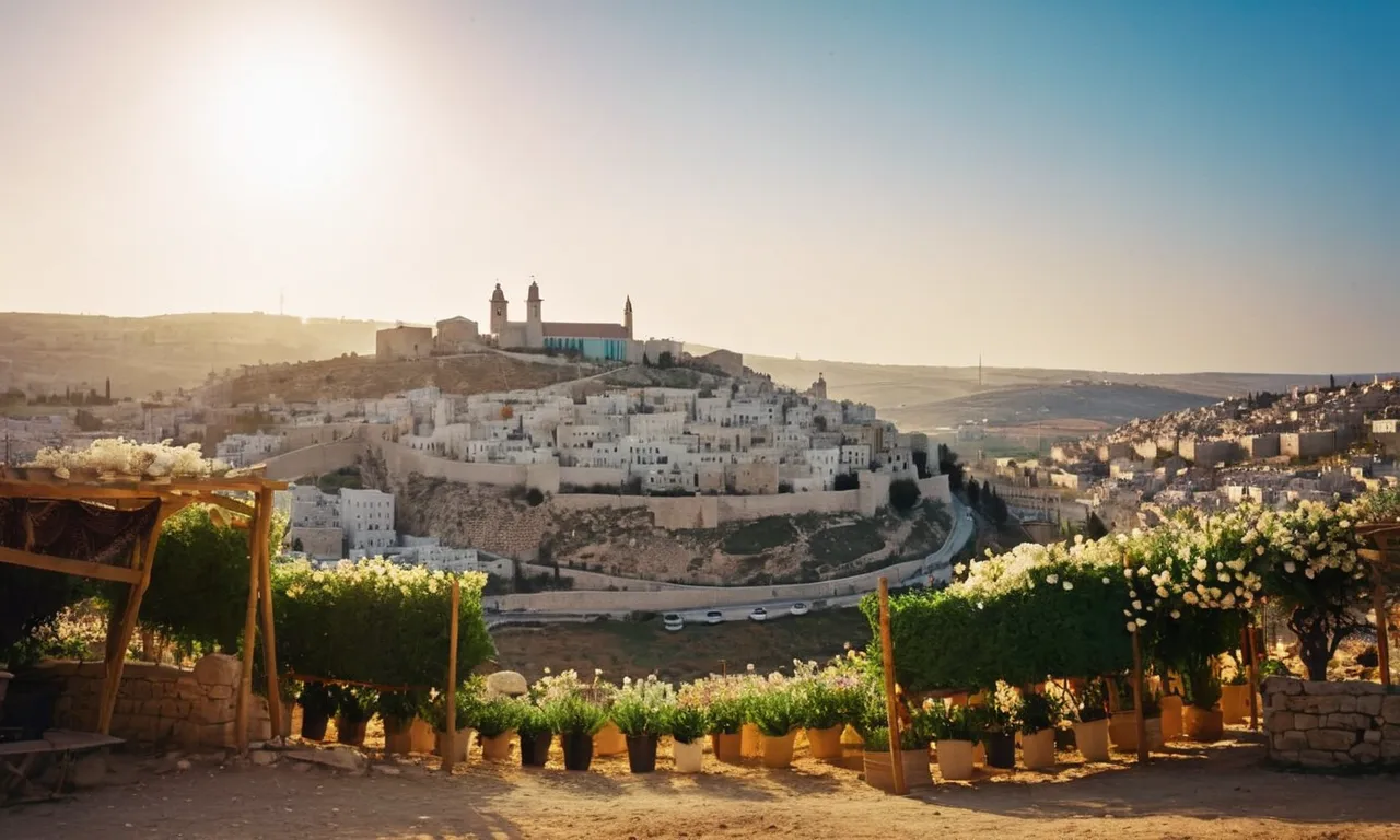 A beautiful photograph capturing the serene landscape of Bethlehem in April, where it is believed Jesus was born, showcasing blooming flowers and a golden sunset, radiating a sense of divinity.