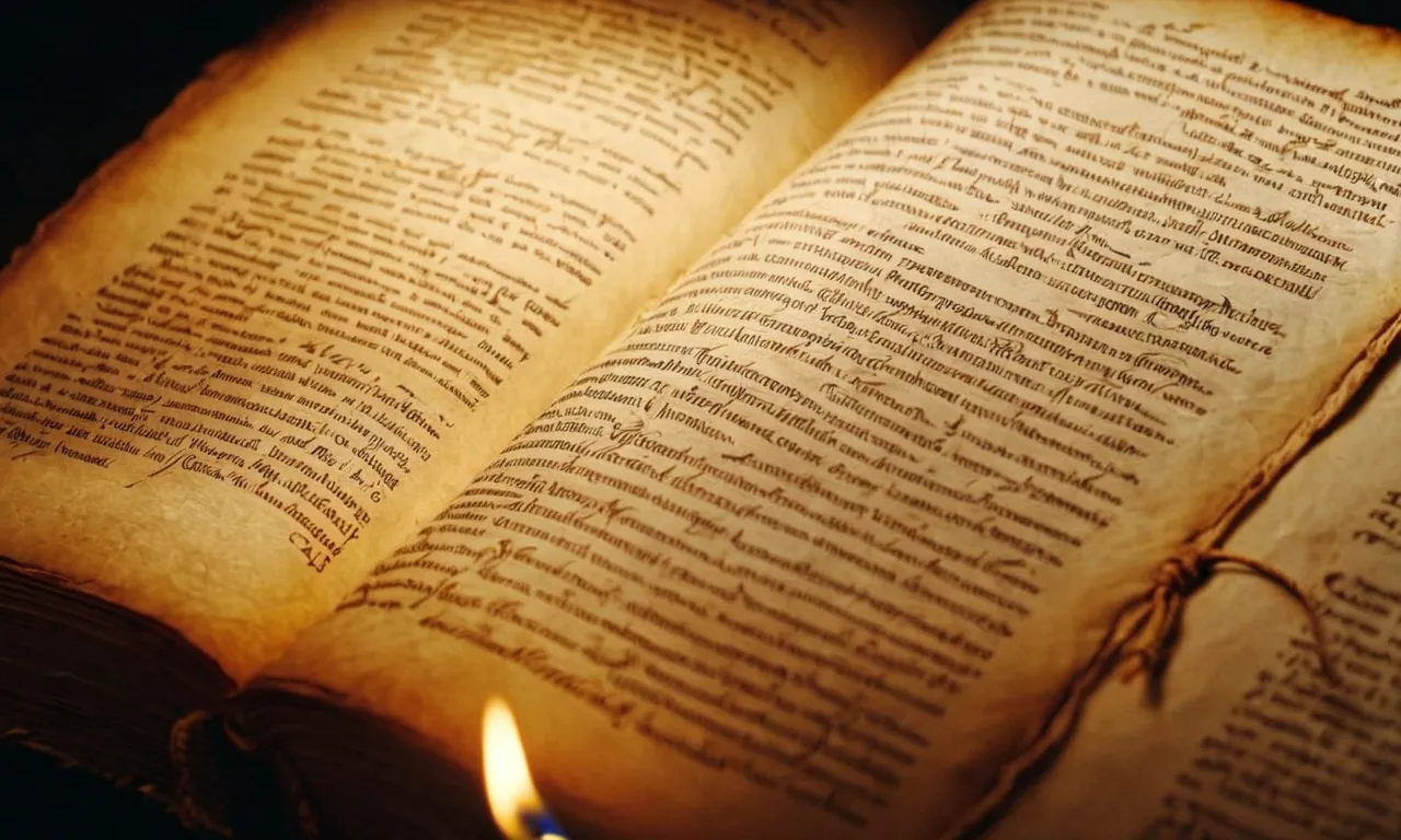 A close-up photo of ancient parchment, illuminated by soft candlelight, displaying a beautifully scripted page from the Bible, capturing the essence of its historical significance.