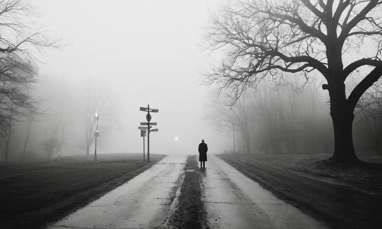 A black and white photograph capturing a lone figure standing at a crossroads, surrounded by dense fog, symbolizing uncertainty and confusion, portraying the essence of not comprehending God's mysterious plans.
