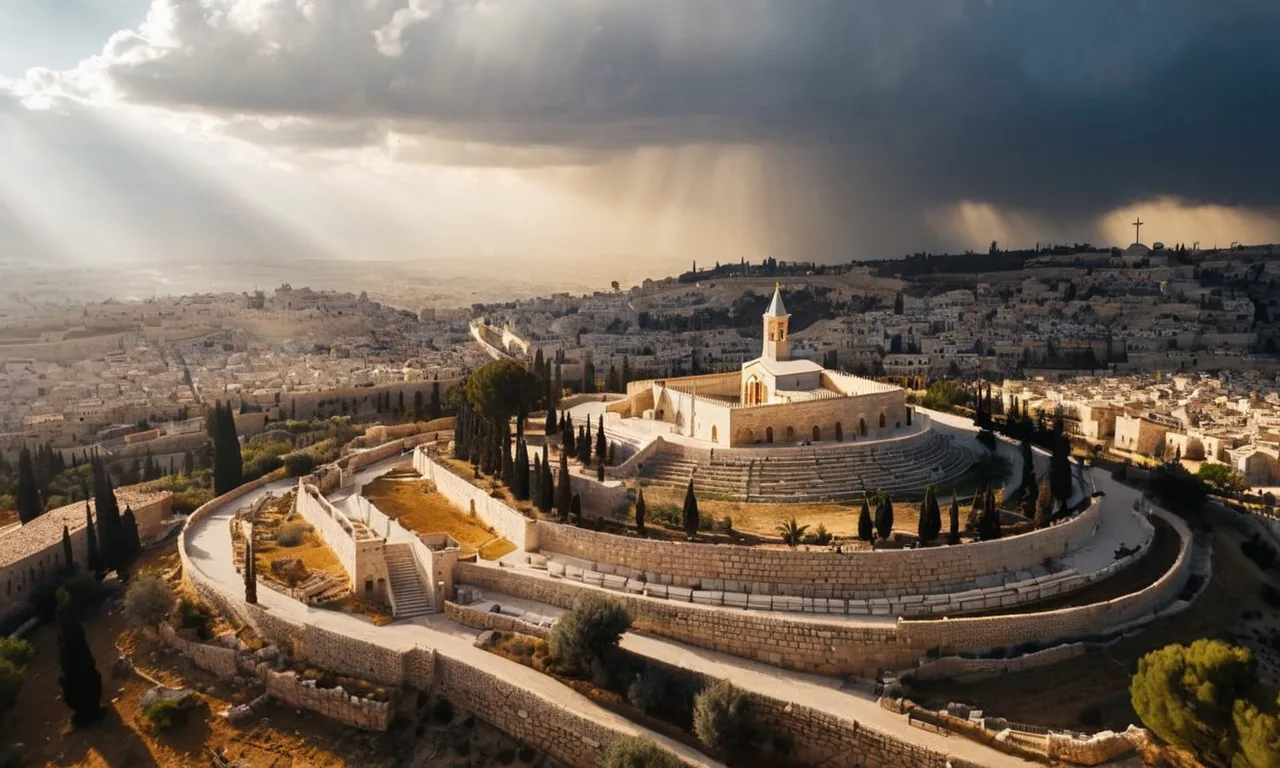 Aerial shot capturing the serene beauty of Mount of Olives, with rays of sunlight piercing through clouds, symbolizing the divine moment where Jesus ascended into heaven.