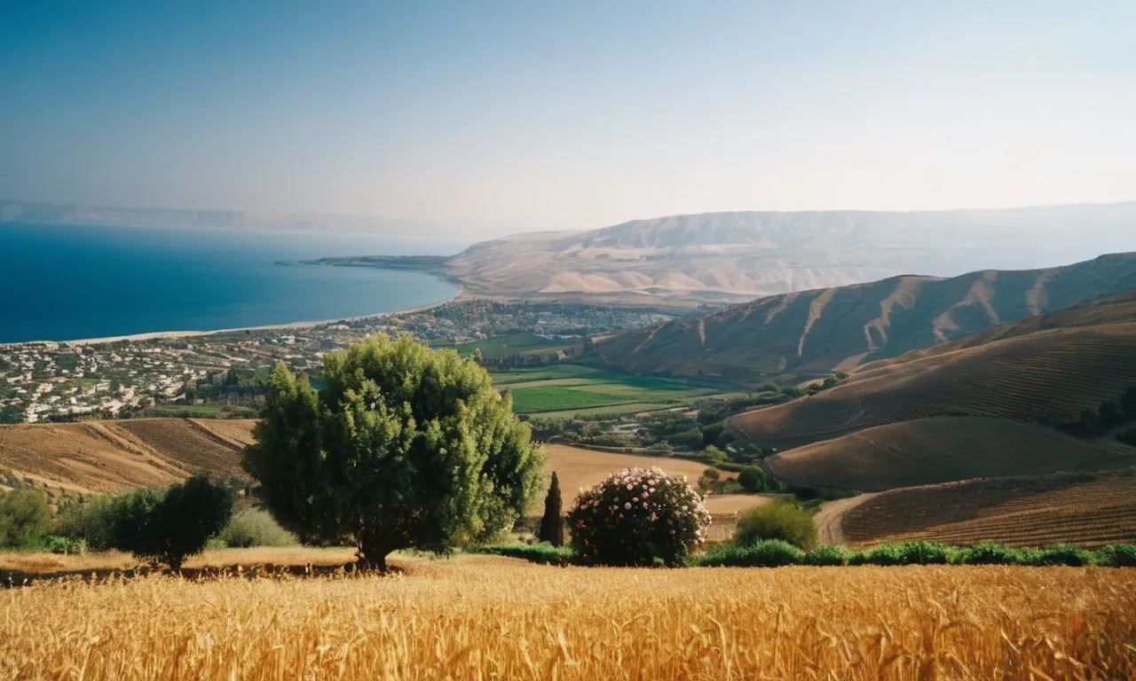 A captivating image of the serene Sea of Galilee, framed by rolling hills, captures the essence of the breathtaking location where Jesus delivered the Sermon on the Mount.