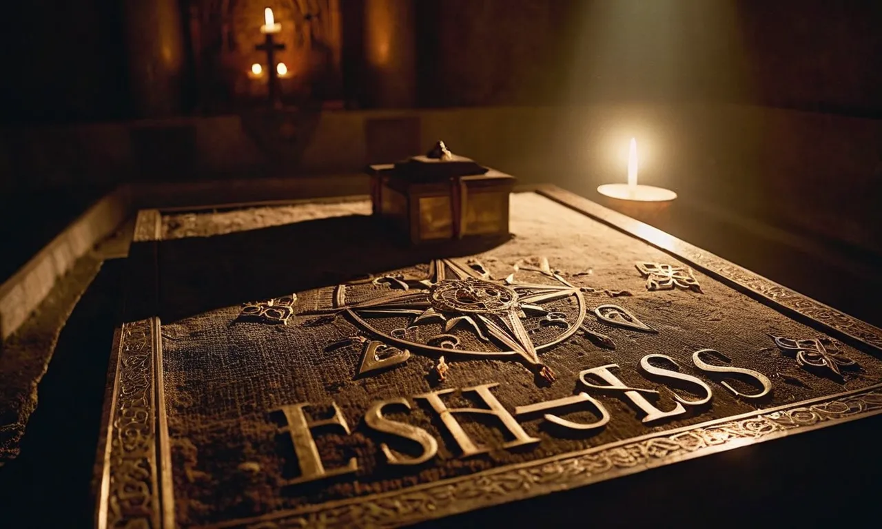 A dimly lit sepulcher, adorned with ancient symbols, captures a ray of light piercing through a worn veil, symbolizing the mysterious whereabouts of Jesus during the three days after His death.