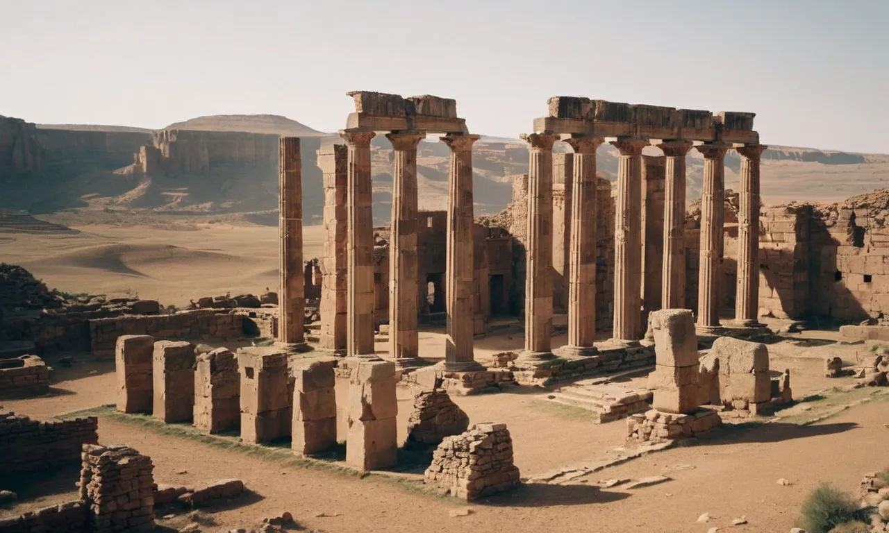 A photo of ancient ruins, towering pillars, and a vast landscape, evoking curiosity about the origins of giants in biblical times.