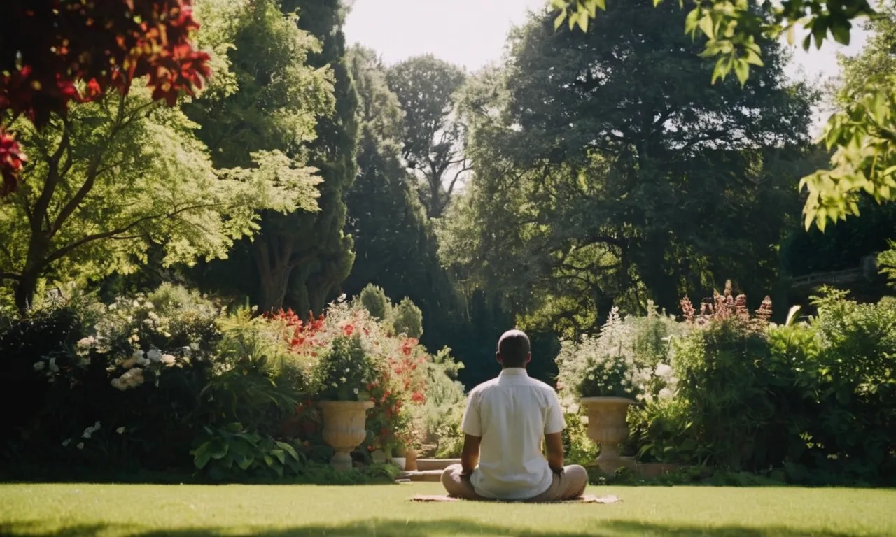 A photo of a person sitting in a peaceful garden, their head tilted upwards towards the sky, symbolizing the connection between our thoughts and God, as depicted in the Bible.