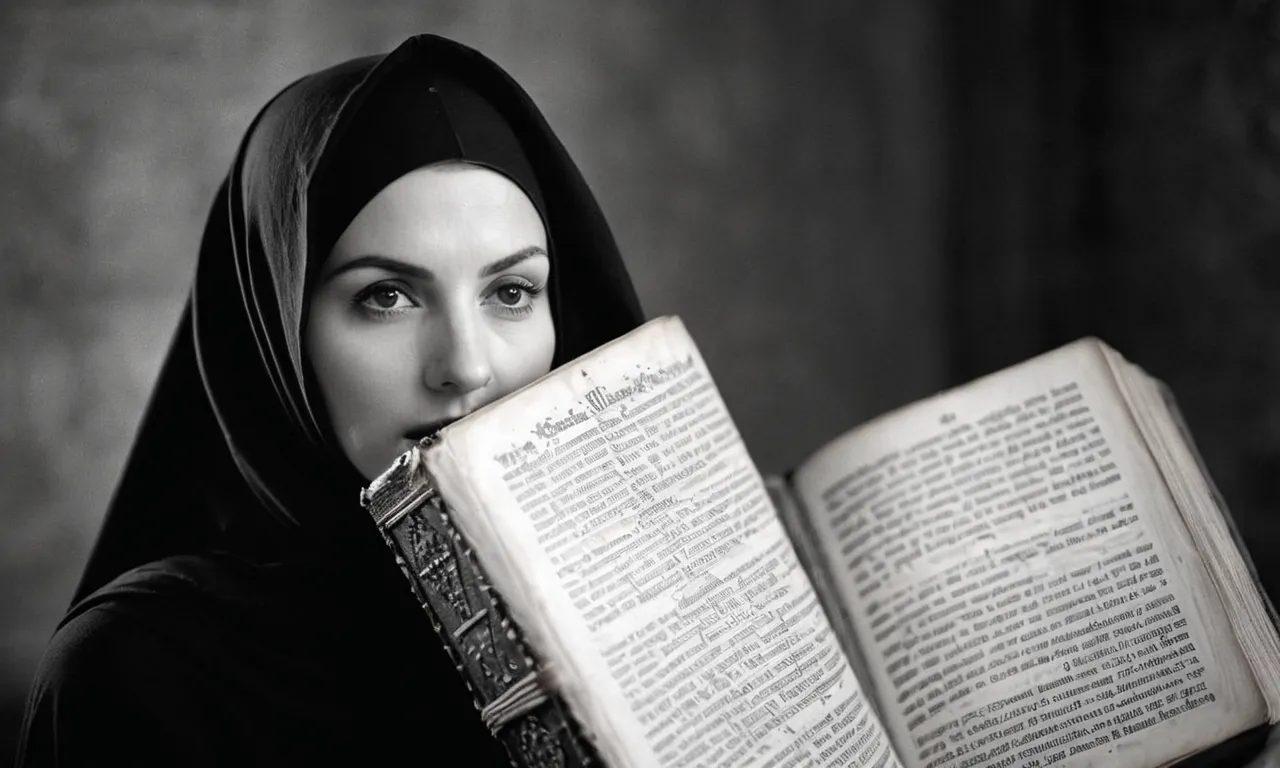 A black and white portrait of a woman, veiled in mystery, holding a weathered Bible, her gaze fixed upon the pages, symbolizing the enigmatic tale of Nimrod and his controversial marriage to his mother.