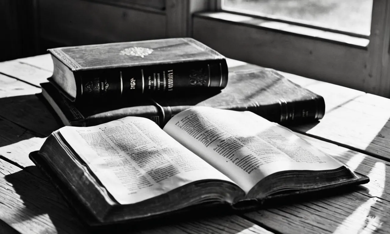 A black and white photo captures a worn Bible lying open on a wooden table, with rays of sunlight illuminating a verse on a page that discusses the sanctity of life and moral choices.